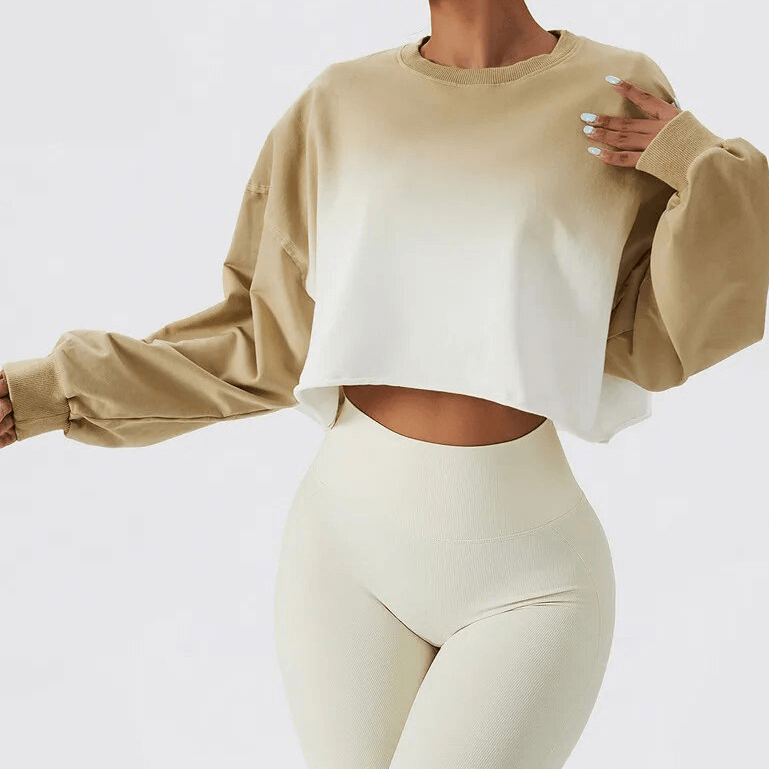 Sports Female Gradient Color Long Sleeves O-Neck Crop Top SF1700 in beige, perfect for active women seeking style and comfort.
